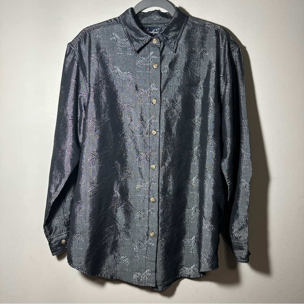 Angelique Women's Gray Tonal Allover Zebra Printed Button Front Shirt Novelty